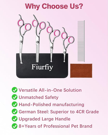 Fiurfiy Furry Professional Pet Grooming Scissors with Safety Round Heads - 6 in 1 Curved Scissors for Dogs and Cats