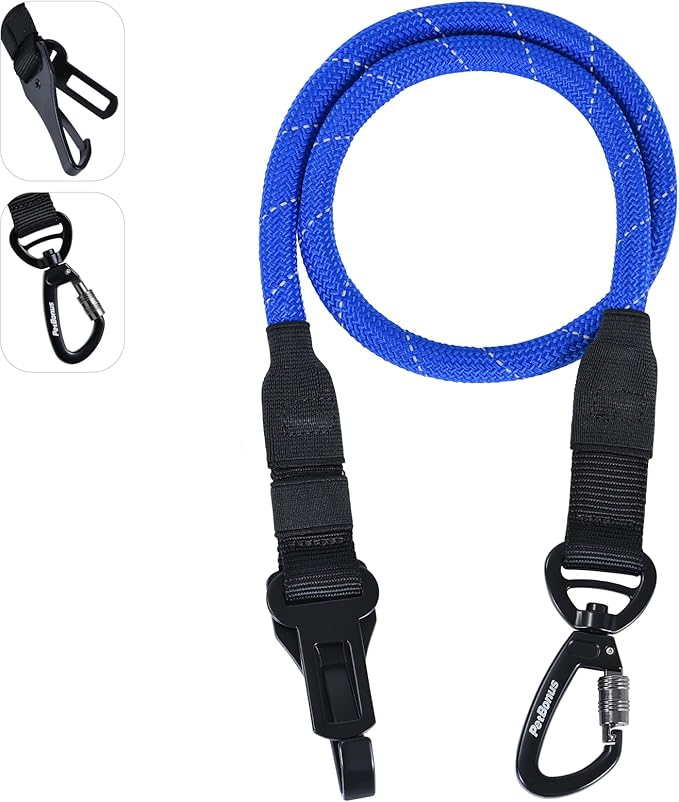 PetBonus Dog Seat Belt for Car, Durable Rope Dog Car Harness Seatbelt for Vehicle, Pet Tether Safety Restraint with Heavy Duty Buckle Hook Latch Lockable Clip for Small Medium Large Breeds (Blue)