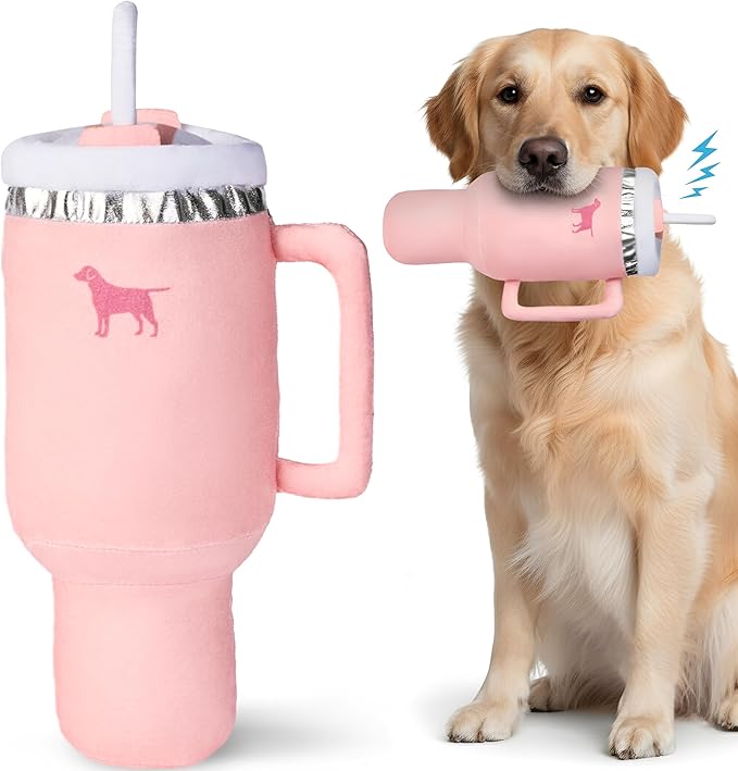 Pup Cup Tumbler Dog Toy – Cute Girl Dog Toy, Valentines & Birthday Gift, Interactive Squeaker, Fun Puppy Present (Pink Peach Dust)