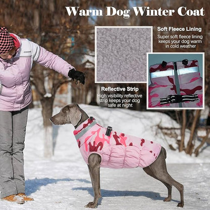 Lelepet Warm Dog Winter Coat Dog Coats for Large Dogs Waterproof Dogs Jacket with Harness Built in Reflective Cold Weather Coats Windproof Zip-Up Winter Fleece Vest Snowsuit Boxer Pink Camo XL