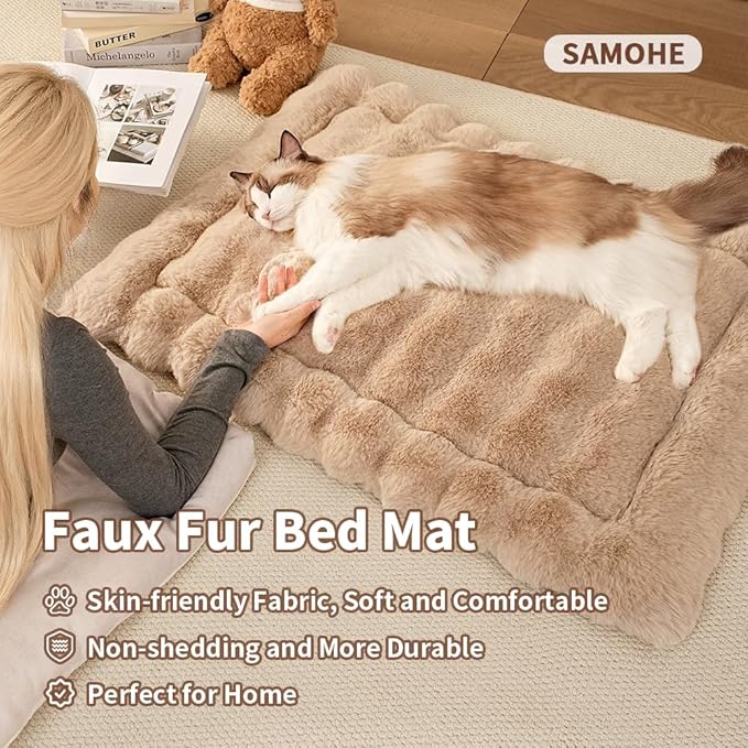 SOMAHE Self-Warming Cat Bed, Plush Faux Fur Pet Bed Mat with Anti-Slip Bottom, Ultra Soft Heated Bed for Cats & Medium Dogs, Cozy Fluffy Pad for Couch & Crate, Machine Washable, 27x20 Inch Coffee
