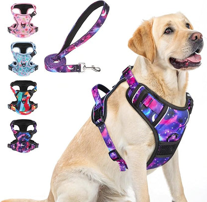 BEAUTYZOO No Pull Dog Harness and Leash Set for Large Dogs, Adjustable Dog Vest Harnesses with 2 Metal Leash Clips, Reflective Oxford No Choke Escape Proof Step in Pet Vest with Handle, Purple L