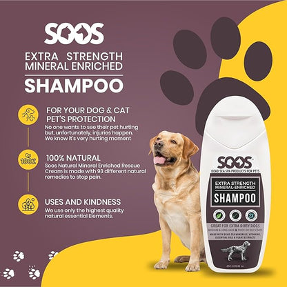 Soos Pets Shampoo Extra Strength for Cat and Dog Shampoo Natural Dead Sea Mineral Enriched Fast Absorbing with Vitamins Essential Oils Natural Ingredients Antib-acterial - 1x 250ml
