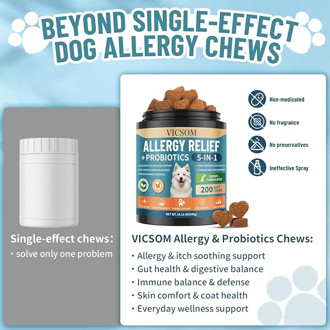 VICSOM Dog Allergy Chews for Dogs Itching Skin Relief with Probiotics for Dogs Immune Support, Itchy Skin & Ears, Licking Paws, Itch Relief for Dog with Probiotics for Gut Health, 200 Chews