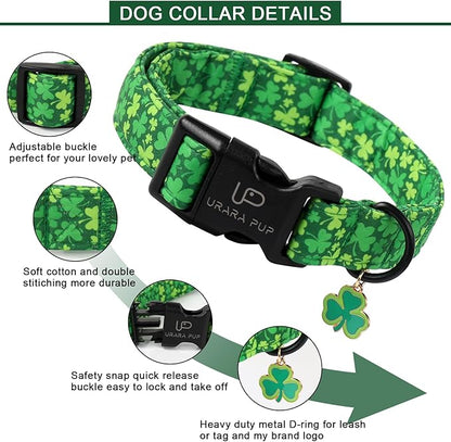 St. Patrick's Dog Collar, Lucky Clover Pet Collar with Quick Release, Comfortable Adjustable Shamrock Puppy Collar for Small Medium & Large Dogs