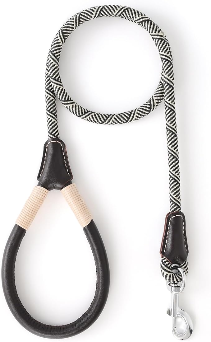 Mile High Life Genuine Leather Wrapped Handle Dog Leash, w Heavy Duty Clasp Rope Leash for Small Medium Large Dogs (Black Beige, 5FT)