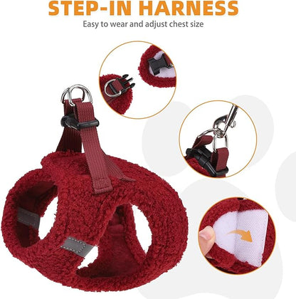 KOOLTAIL Christmas Plush Small Dog Harness and Leash Set, Warm Fleece No Pull Puppy Vest for Winter, Lightweight Reflective Step in Pet Harness for Medium Sized Dogs Boy Girl Outdoor Walking, Red M