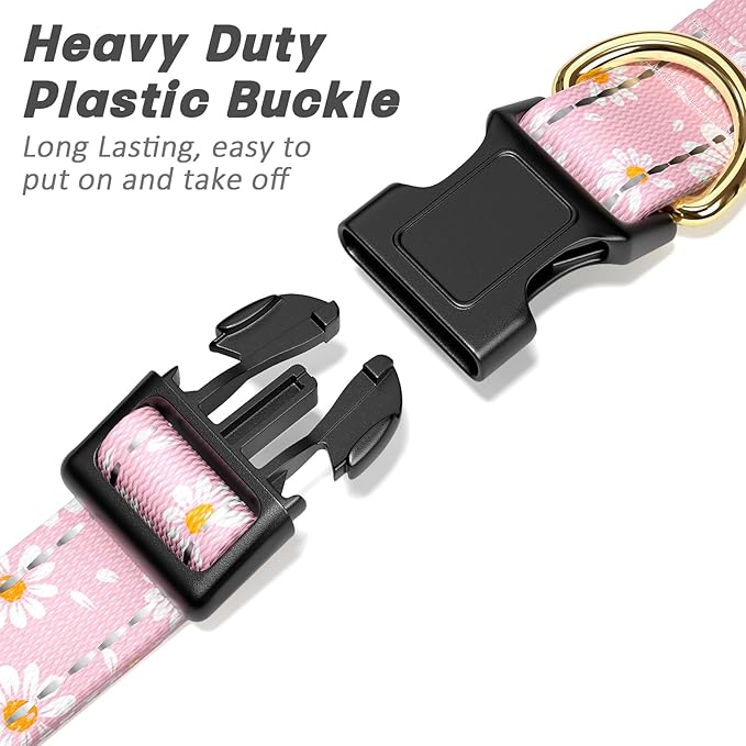 Reflective Dog Collar for Medium Dogs, Cute Daisy Theme Adjustable Heavy-Duty Nylon Puppy Collar for Boy and Girl Female, Soft Pet Accessories with Quick Release Buckle, Neck 14-20", Pink