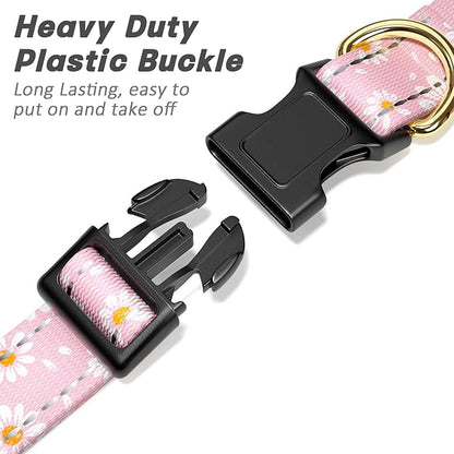 Reflective Dog Collar for Small Dogs, Cute Daisy Theme Adjustable Heavy-Duty Nylon Puppy Collar for Boy and Girl Female, Soft Pet Accessories with Quick Release Buckle, Neck 10-16", Pink