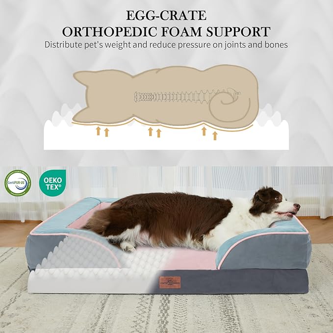 Comfort Expression Orthopedic Dog Bed for Extra Large Dogs 42x30 Inch, Waterproof Egg Crate Foam XL Pet Bed with Removable Bolsters, Dog Couch with Washable Cover & Non-Slip Bottom, Cherry Blossom