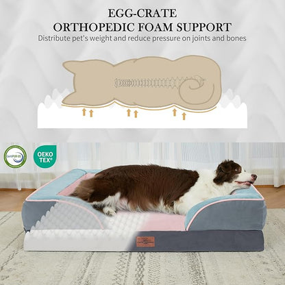 Comfort Expression Orthopedic Dog Bed for Extra Large Dogs 42x30 Inch, Waterproof Egg Crate Foam XL Pet Bed with Removable Bolsters, Dog Couch with Washable Cover & Non-Slip Bottom, Cherry Blossom