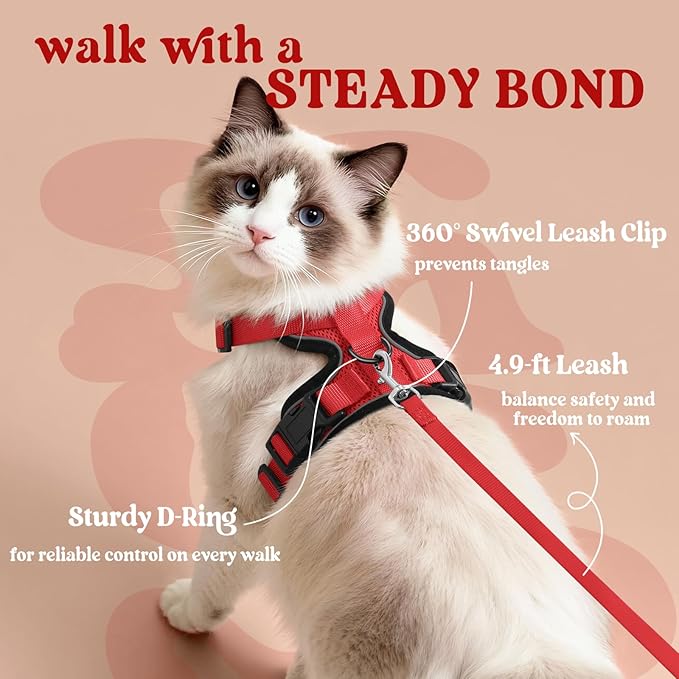 rabbitgoo Cat Harness and Leash for Walking, Escape Proof Soft Adjustable Vest Harnesses for Cats, Easy Control Breathable Reflective Strips Jacket, Red, S
