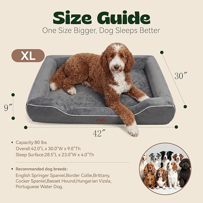hush bone 42 Inch XL Orthopedic Dog Couch Bed for Large Dogs Up to 80 lbs,Cooling Gel Memory Foam + Egg Crate Foam,Waterproof Removable Washable Cover,4-Sided Bolster,Non-Slip Bottom,Dark Grey