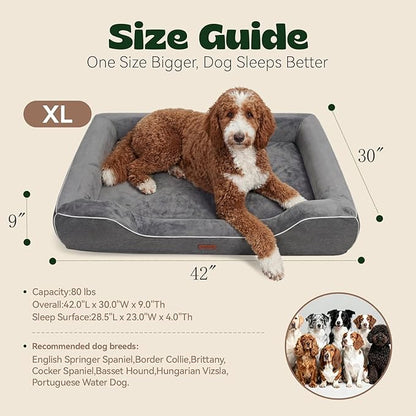 hush bone 42 Inch XL Orthopedic Dog Couch Bed for Large Dogs Up to 80 lbs,Cooling Gel Memory Foam + Egg Crate Foam,Waterproof Removable Washable Cover,4-Sided Bolster,Non-Slip Bottom,Dark Grey