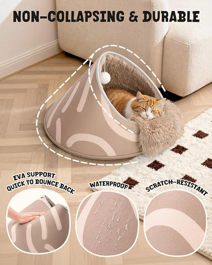 BurgeonNest 20-Inch Round Cat Bed Cave, Enclosed Hooded Pet Bed for Indoor Cats, Cozy Anti-Collapse Cave with Soft Plush, Waterproof EVA Shell, Fully Washable, Shape Retention, Brown