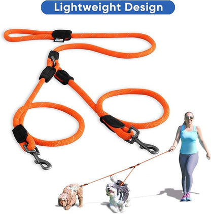 Pawtitas Double Leash for Two Dogs Great for Walking & Training Comfortable Shock Absorbing Reflective Pet Rope Leash for 2 Dogs 6ft - Medium/Large - Orange