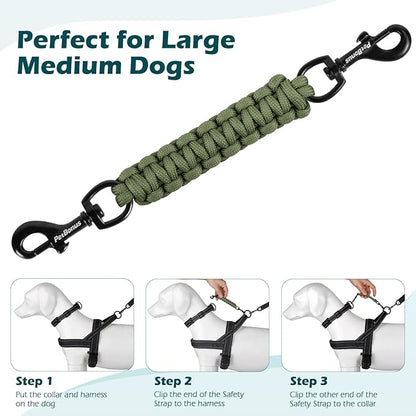 PetBonus Dog Collar Safety Clip, Handmade Backup Safety Strap for Dog Harness, Prong, Pinch Collar, Double Ended Clasp Leash Connector (Army Green)