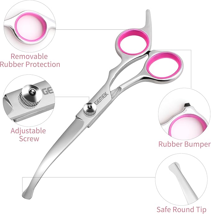 GEMEK Dog Grooming Scissors with Safety Round Tips Stainless Steel Professional Dog Grooming Kit - Thinning, Curved Scissors and Comb for Cat Pet (Pink 4 in 1)