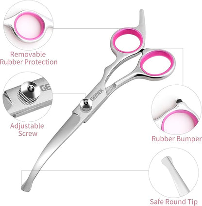 GEMEK Dog Grooming Scissors with Safety Round Tips Stainless Steel Professional Dog Grooming Kit - Thinning, Curved Scissors and Comb for Cat Pet (Pink 4 in 1)