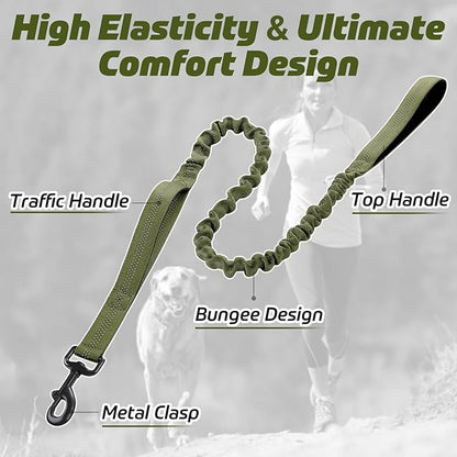 rabbitgoo Tactical Bungee Dog Leash with Shock Absorption, Military Training Leash with 2 Padded Control Handles for Medium Large Dogs, 5.2FT, Green