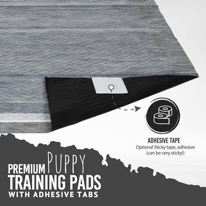 Bulldoglogy Carbon Black Puppy Pee Pads with Adhesive Sticky Tape - Large Charcoal Housebreaking Dog Training Wee Pads (24x24) 6 Layers with Extra Quick Dry Bullsorbent Polymer Tech (100-Count)
