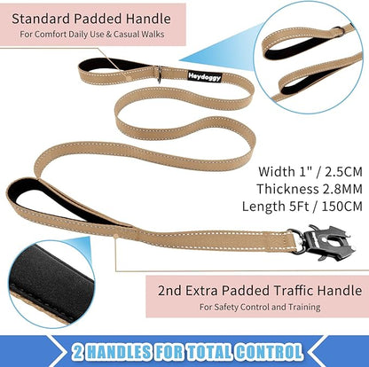 Strong Heavy Duty Dog Leash - 5ft Reflective Nylon Training Leash with Soft Padded Double Handle & Auto Lock Frog Clip - Safety Traffic Control for Large Medium Small Dogs No Pull Walk Khaki,5ft