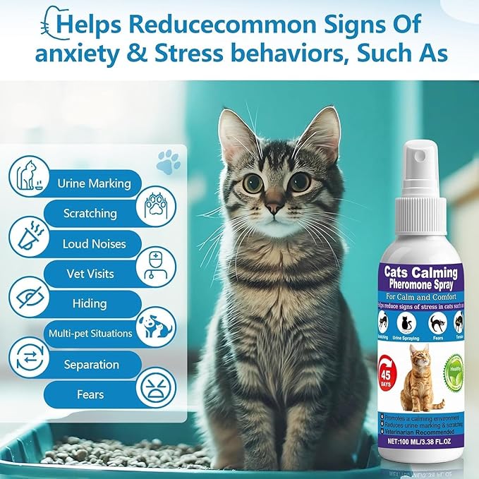 【𝐇𝐢𝐠𝐡𝐥𝐲 𝐄𝐟𝐟𝐞𝐜𝐭𝐢𝐯𝐞】Cat Calming Spray, 15% F3 Cat Pheromone Spray to Help Calm During Travel and Stress and Reduce Urine Spraying, Scratching, Excessive Grooming & Aggression 2*100mL