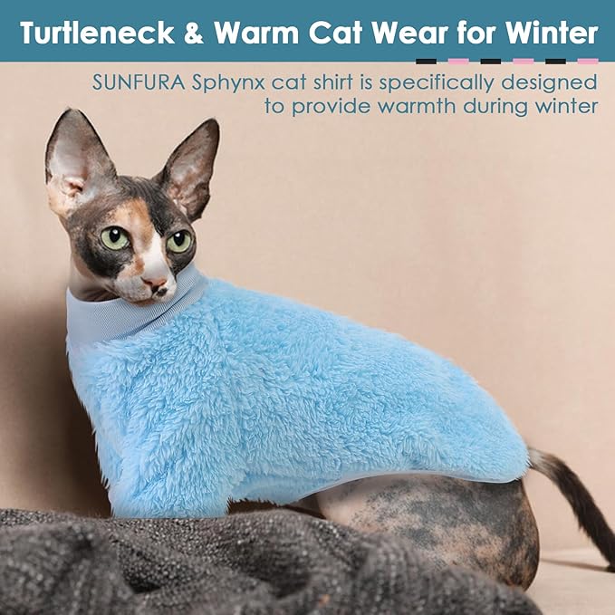SUNFURA Sphynx Cat Sweater, Hairless Cats Turtleneck Pullover Kitten Sweaters for Cats Only, Warm and Soft Cat Pajamas Shirt with Sleeves Pet Winter Clothes Fleece Jumpsuit for Puppy, Blue M