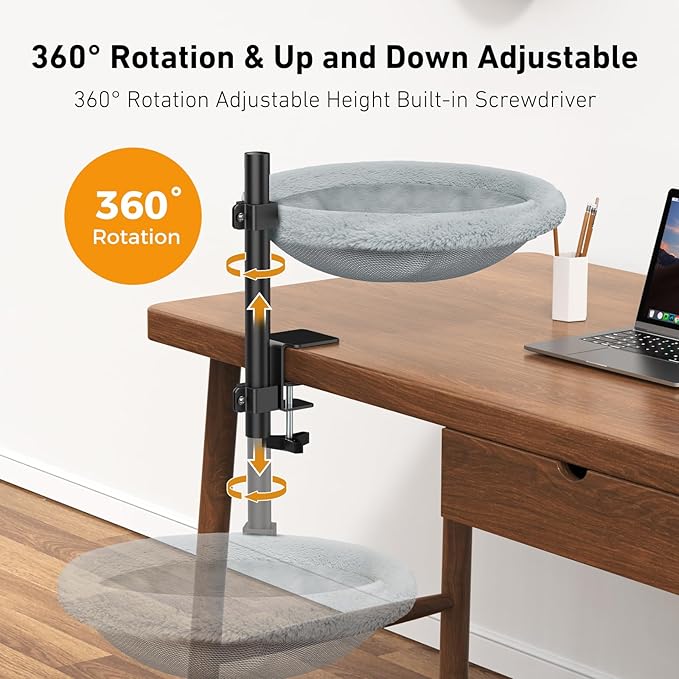 TVOVT On/Under Cat Desk Bed - 360°Rotation & Adjustable Mount Perch Cats Hammock Up to 50 lbs Cat Furniture for Office Desks and Game Tables with 2 Soft and Breathable Dual-Sided Reversible Mat