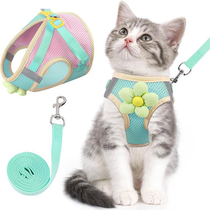 NCMAMA Cat Harness and Leash Set for Walking Escape Proof, Adjustable Kitten Harness Breathable Mesh with Reflective Strips Harness with Flower for Kitty Puppy Bunny Green XS