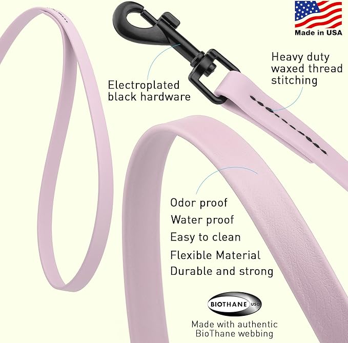 Dogline Biothane Waterproof Dog Leash Strong Coated Nylon Webbing with Black Hardware Odor-Proof Easy to Clean High Performance for Small or Large Dogs Made in USA 4 or 6 ft Lead, Pastel Purple