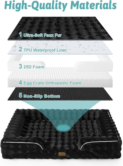 COZY KISS Orthopedic Dog Bed for Large Size Dog, Soft and Warm Faux Fur Extra Large Sofa for Pet Up to 100 lbs, Foam Bolster Anti-Slip Couch with Washable Removable Cover, XL 44x32x7 inch, Black