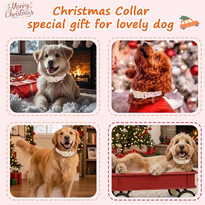 Christmas Dog Collar for Small Dogs, Adjustable Pink Small Dog Collars with Christmas Gingerbread Man Cartoon Pattern, Winter Holiday Pet Gift for Girl Boy Dogs-S