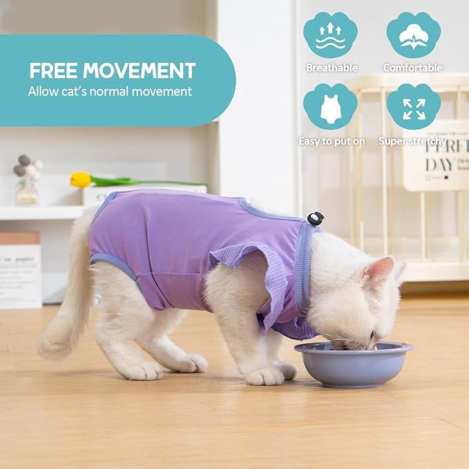 Avont Cat Recovery Suit - Post-Surgery Onesie for Cats, Alternative to Cone of Shame, Protective Spay Suit for Female Kitten, Ideal for Healing and Skin Conditions -Purple(S)