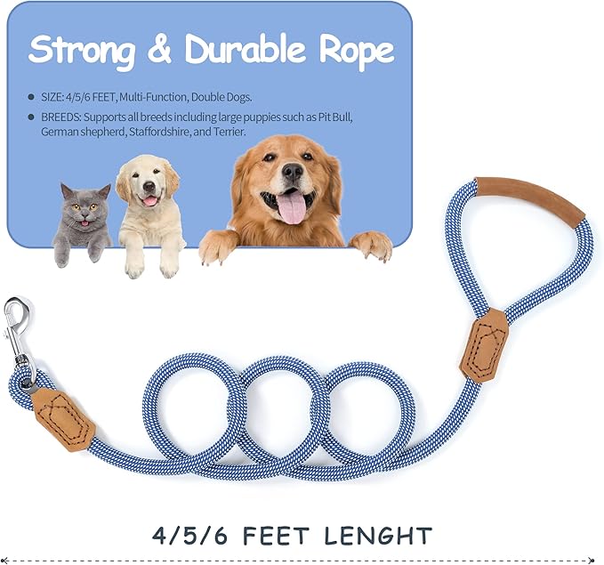 Mile High Life | Premium Leather Dog Leash | Strong Rope Leash | Leather Handle | Zinc Alloy Strong Clasp | Small Medium Large Dogs | 4/5/6 Feet(Blue White, 48 Inch (Pack of 1))