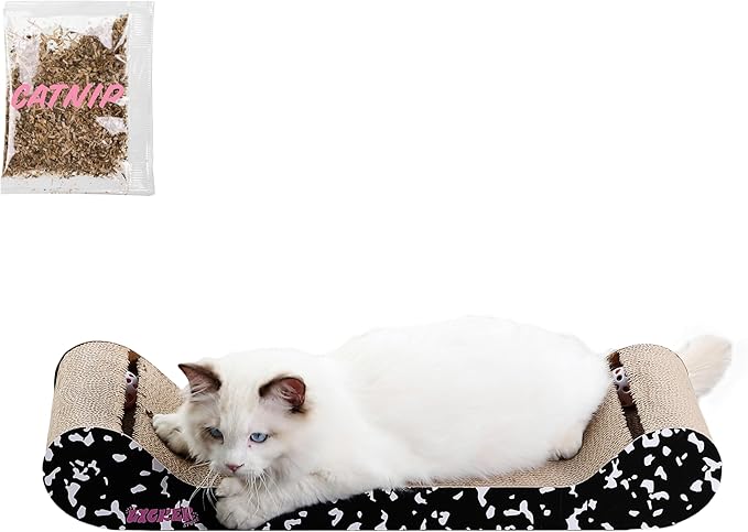 The LICKER Store CSR1003B-SET2 Rini 23.75" Modern Cardboard Lounge Bed Cat Scratcher with Built-in Bell Toys and Catnip, Black/White (Set of 2)