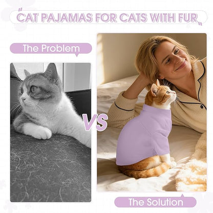 OUOBOB Sphynx Hairless Cat Clothes, Soft Cotton Pullover Turtleneck Shirt with Sleeves for Kitten Puppy Small Dogs, Cat Pajamas for All-Season - Purple S