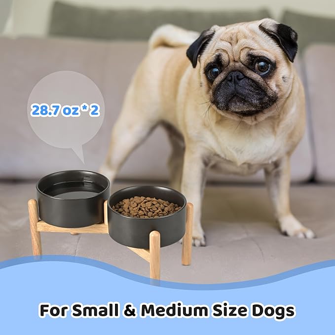 SPUNKYJUNKY Ceramics Raised Dog Bowls with Wooden Stand - Elevated Dog Feeding Set (Double 28.7OZ, Black)