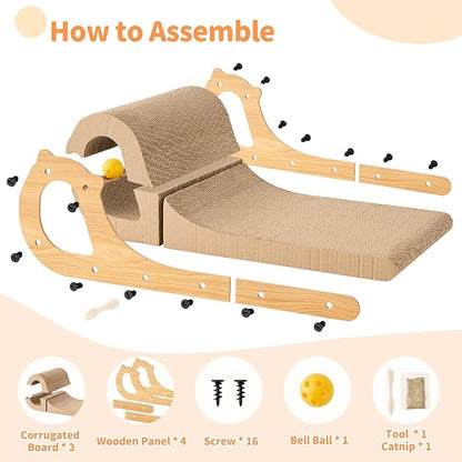 ZOMISIA 2 in 1 Cat Scratcher Bed for Indoor Cats, Large Cardboard Scratching Pad with Bell Ball Toy for Kitty As Scratch Lounge Couch with Double-Sided Usability