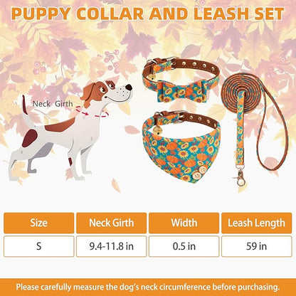 KOOLTAIL Dog Collar and Leash Set with Bow Tie & Bells for Small Dogs-Puppy Collar and Leash with Dog Bandana Collar, Soft Leather Tangle Free Leashes for Boys Girls Cats