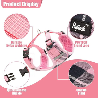 PUPTECK Small Dog Harness and Leash Set, No Pull Adjustable Puppy Cat Harness, Reflective Soft Mesh Pet Vest Small Sized, Pink Plaid, XS