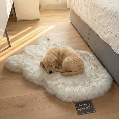 IHAPPYDOG Luxury Faux Fur Orthopedic Dog Bed, Memory Foam Dog Bed for Small, Medium, Large and XL Pets, Fluffy Pet Rug with Waterproof and Washable Cover (White w/Brown Tips, 40"x25")