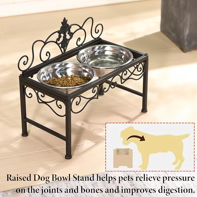 Elevated Dog Bowls for Medium Dogs, Raised Dog Bowl with Double Stainless Steel Bowls for Food and Water, Matte Black Tall Dog Bowl with Metal Stand, Perfect for Medium Large Dogs and Pets - Height 9"