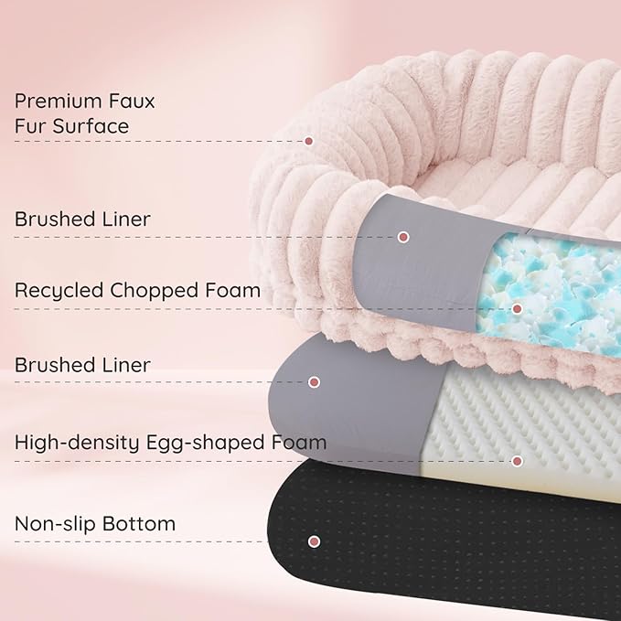 ChiXnuggle Human Dog Bed for Adult - Luxury Striped Faux Fur Giant Dog Bed with Portable Handle, Egg Orthopedic Foam Pad with Thick Warm Blanket, 72"x40"x10", Pink