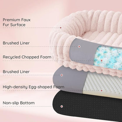 ChiXnuggle Human Dog Bed for Adult - Luxury Striped Faux Fur Giant Dog Bed with Portable Handle, Egg Orthopedic Foam Pad with Thick Warm Blanket, 72"x40"x10", Pink