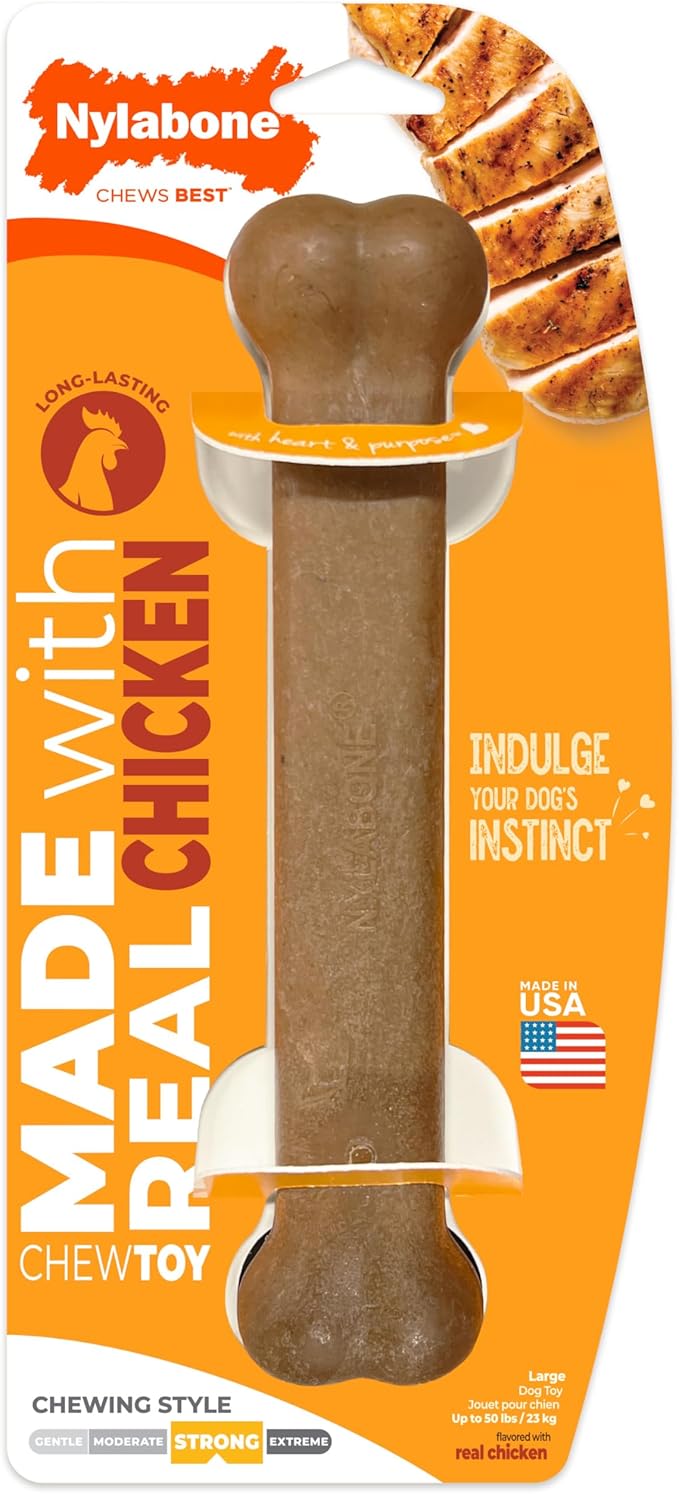 Nylabone Original Bone Strong Chew Toy for Dogs Made with Real Chicken, Durable Dog Chew Bones for Aggressive Chewers, Long-Lasting Flavor Keeps Dogs Busy, Large Dog Toys - Up to 50 lbs, 1 Count