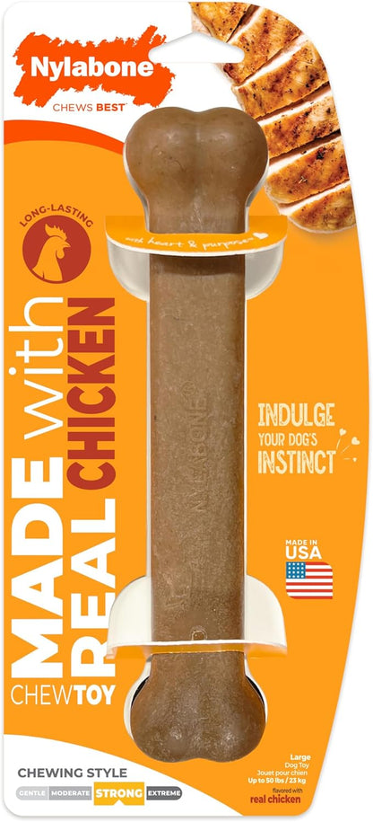 Nylabone Original Bone Strong Chew Toy for Dogs Made with Real Chicken, Durable Dog Chew Bones for Aggressive Chewers, Long-Lasting Flavor Keeps Dogs Busy, Large Dog Toys - Up to 50 lbs, 1 Count