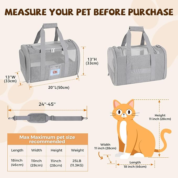 FOORLON Cat Carrier Soft for Pets Up to 25 Lbs, Cat Travel Bag with Padded Shoulder Strap and Detachable Cat Food Bowl, Pet Dog Carriers for Small Dogs Travel Puppy Carry Airline Approved, Grey