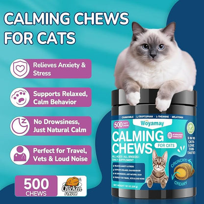 Woyamay Cat Calming Treats, 500 Crunchy & Creamy Calming Chews for Cats, Natural Calming Cat Treats to Manage Stress & Anxiety, Tasty Calm Chews Supplement, Chicken Flavor