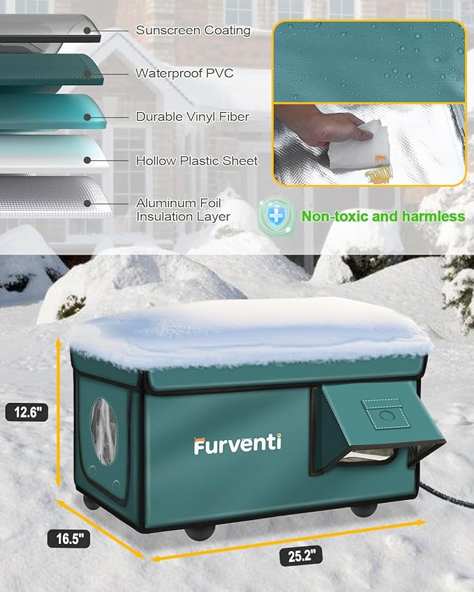 Heated Cat House for Outside with Dual Doors, Insulated Cat House Outdoor with Heating Pad, Weatherproof Heated Outdoor Cats Houses Waterrproof for Feral Cats (Deep Green, 25" L x 16" W x 13" H)